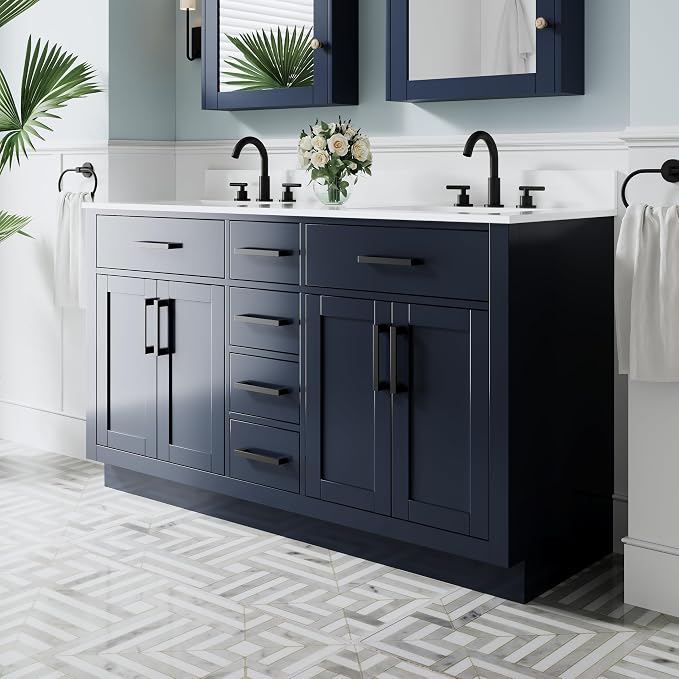 60-Inch Bathroom Vanity with Double Sinks W/ 4 Doors & 4 Drawers & 2 Flip Drawers, Navy Blue Vanity W/Matte Black Handles