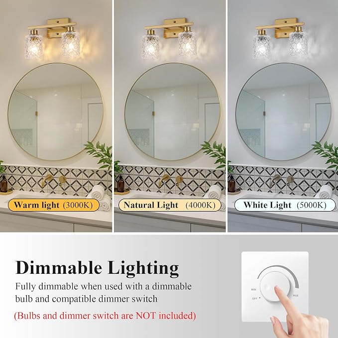 Mecgirn Stainless Steel Bathroom Vanity Light Over Mirror, 2 Light Brushed Gold Bathroom Light Fixtures with Textured Glass Shades,Ceramic E26 Sockets Wall Mounted Vanity Lights for Bathroom