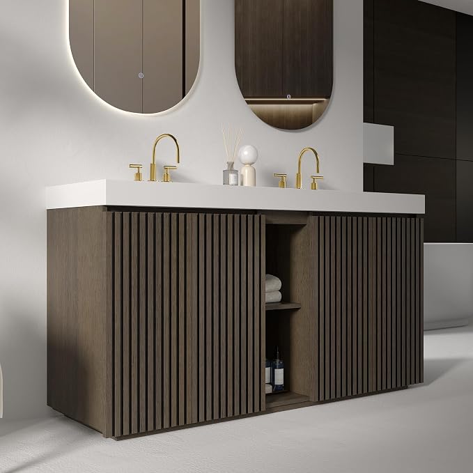 60 Inch Bathroom Vanity with Double Sink, Freestanding Double Sink Bathroom Vanity with White Engineered Stone Top, Open Storage Cabinet & Adjustable Shelf, Smoked Oak Brown (3 Holes)