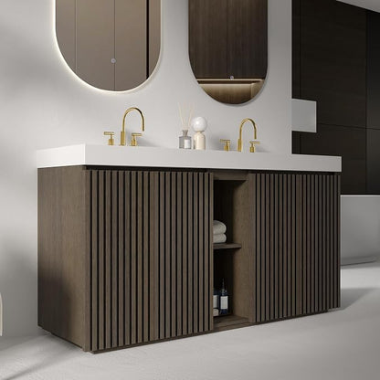 60 Inch Bathroom Vanity with Double Sink, Freestanding Double Sink Bathroom Vanity with White Engineered Stone Top, Open Storage Cabinet & Adjustable Shelf, Smoked Oak Brown (3 Holes)