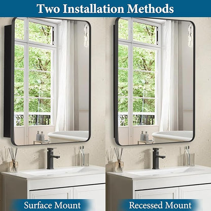 16’’x26’’ Medicine Cabinet,Metal Framed Medicine Cabinet Mirror with Round Corner,Recessed and Surface Mount Bathroom Mirror with Storage, Removeable Shelves,Dark Gray Frame