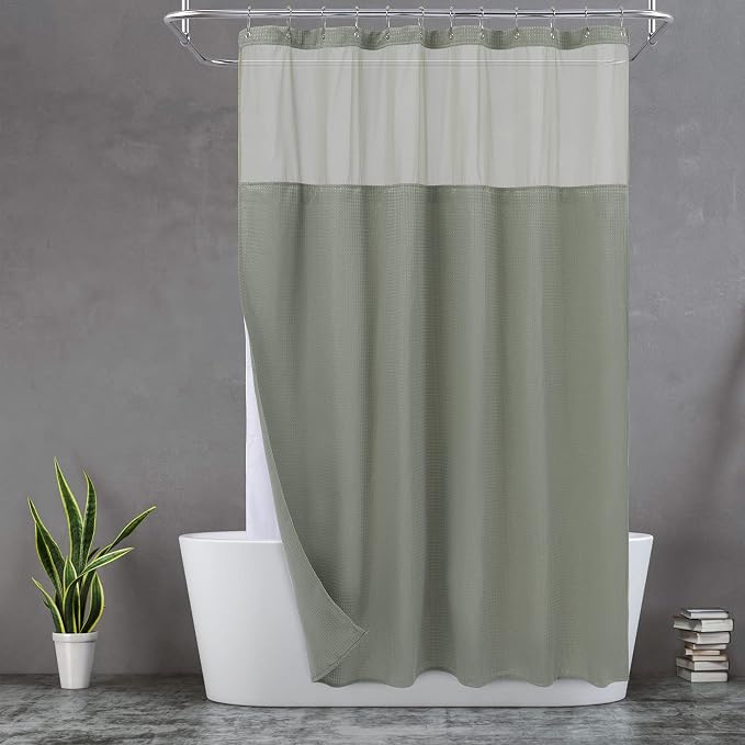 N&Y HOME Waffle Weave Shower Curtain with Snap-in Liner Sage Green, 71x72 | 12 Metal Hooks Included, Snap on Fabric Liner, Mesh Window, Washable, Hotel Style Sage Shower Curtain Set for Bathroom