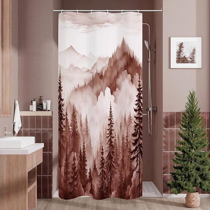 Litabel Burgundy Small Stall Misty Pine Forest Shower Curtain 36 x 72, Mountain Foggy Woodland Scenery Tree Narrow Half Size Shower Curtains for Bathroom, Abstract Waterproof Nature-Themed Decor