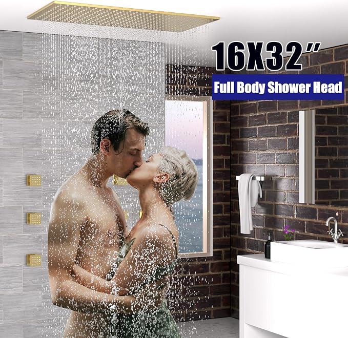 16"X32" Luxury High Pressure Rain Shower Head, Ceiling Mount Rectangle Rainfall Showerhead with Silicone Nozzles Full Body Fixed Showerheads For Modern Bathroom, Brushed Gold Plated Finish