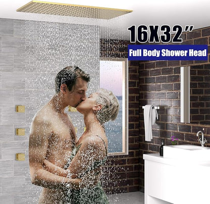 16"X32" Luxury High Pressure Rain Shower Head, Ceiling Mount Rectangle Rainfall Showerhead with Silicone Nozzles Full Body Fixed Showerheads For Modern Bathroom, Brushed Gold Plated Finish