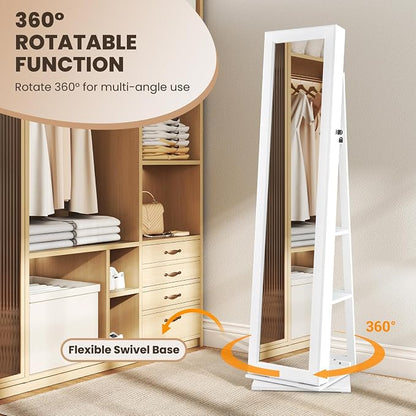 CHARMAID 3-in-1 Jewelry Armoire with Full Length Mirror, 360° Swivel Lockable Jewelry Cabinet with Shelves, Freestanding Mirror Organizer for Earrings, Necklaces, Rings, Makeup (White)