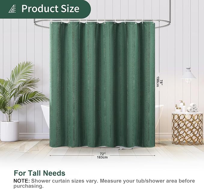 Extra Long Dark Green Shower Curtain Boho, 72 x 78 Cotton Blend Waffle Weave Stripe Textured Heavy Duty, Fabric Shower Curtain for Bathroom