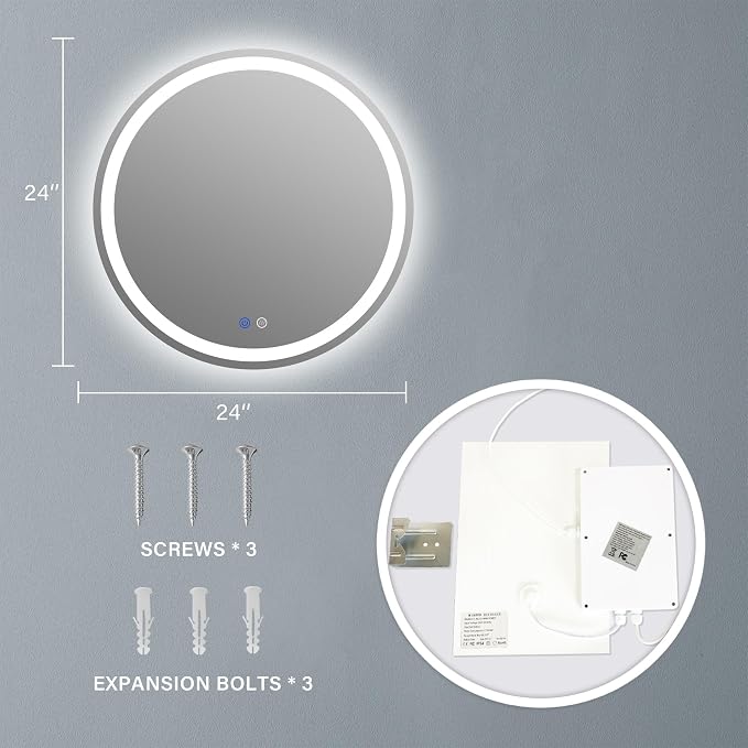24" LED Bathroom Mirror Round Vanity Mirror, Anti-Fog, Dimmable, 3 Color Temperature, Memory Function Led Wall Mirror for Bathroom, Vanity, Shaving (Vertical/Horizontal)