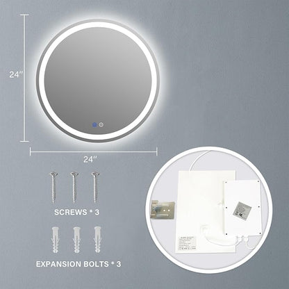 24" LED Bathroom Mirror Round Vanity Mirror, Anti-Fog, Dimmable, 3 Color Temperature, Memory Function Led Wall Mirror for Bathroom, Vanity, Shaving (Vertical/Horizontal)