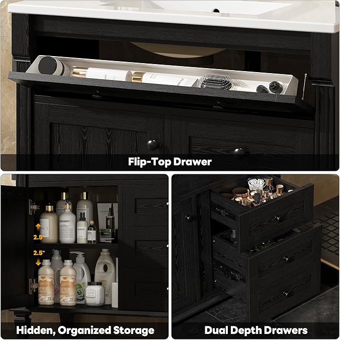 LIKIMIO 36 Inch Bathroom Vanity with Sink, Towel Holder & Adjustable Solid Wood Legs for Uneven Floor, Modern Bathroom Storage Cabinet with Tip-Out Drawer, 2 Drawers & Adjustable Shelf, Black