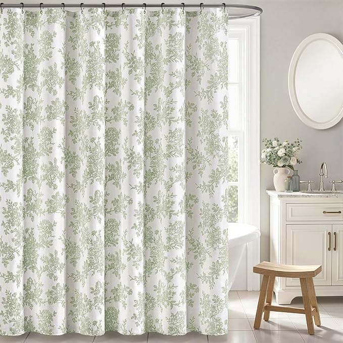 Spring Sage Green Floral Shower Curtain W72*L72 Inches Long | Linen Textured Fabric, 12 Rustproof Metal Hooks, Wrinkle Resistant Cloth, Machine Washable, Bathroom Decor for Cottage Core