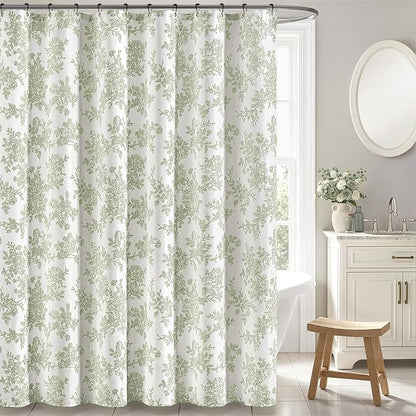 Spring Sage Green Floral Shower Curtain W72*L72 Inches Long | Linen Textured Fabric, 12 Rustproof Metal Hooks, Wrinkle Resistant Cloth, Machine Washable, Bathroom Decor for Cottage Core
