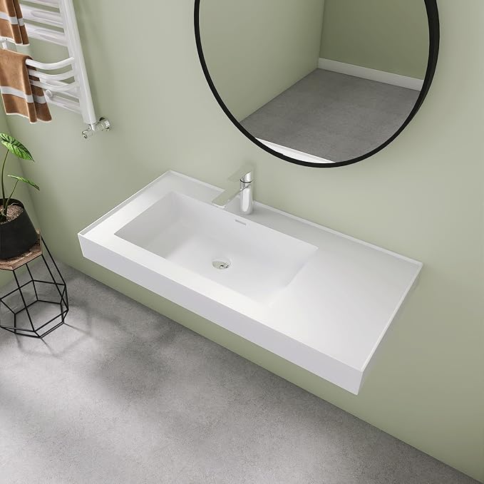 SJ Star&Jane 42" x 18" in Solid Surface Bathroom Sink, Wall-Mount Vessel Sink, Rectangle Floating Vanity Sink in Matte White, Durable Modern Design