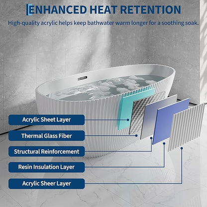 Freestanding Bathtub 67 Inch Acrylic Free Standing Tub Elegant Eggshell Silhouette with Lines,Freestanding Bathtubs with Chrome Overflow & Pop-Up Drain,Modern Stand Alone Tub for Bathroom Renovation