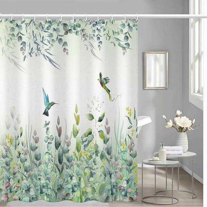 Green Leaf Shower Curtain - 72" W x 78" L with 12 Hooks, Weighted Hem, Waterproof, Sage Green