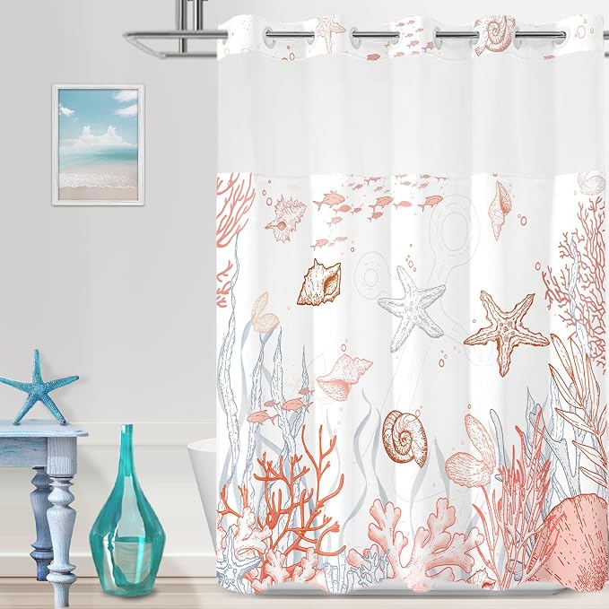 No Hook Shower Curtain and Liner Set, Coral Beach Coastal 71x74 | Nautical Ocean for Bathroom, with Snap in Liner Replacement, Mesh Top Window, Waterproof, Machine Washable, Quick-Drying