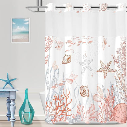 No Hook Shower Curtain and Liner Set, Coral Beach Coastal 71x74 | Nautical Ocean for Bathroom, with Snap in Liner Replacement, Mesh Top Window, Waterproof, Machine Washable, Quick-Drying