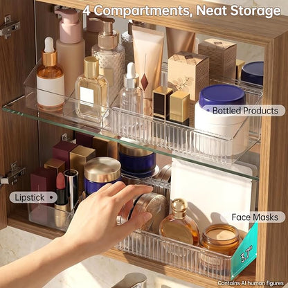 Expandable Medicine Cabinet Organizer for Bathroom, 2 Pack | 8-13.5" Adjustable, 4-Compartment Makeup Tray, Clear View, Non-Slip, Raised Edges, Narrow, Fits Vanity/Countertop/Drawer