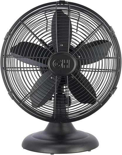 Good Housekeeping 92603 All-Metal 12" Retro Desk Office Table Fan with Wide Oscillation, 3-Speed Settings & Carrying Handle, Matte Black