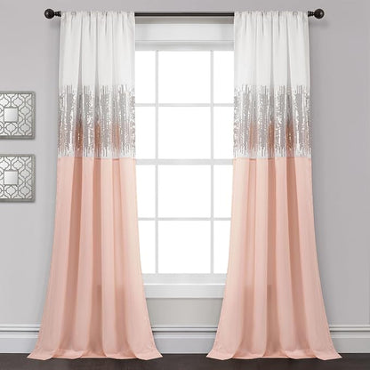 Lush Decor Night Sky Window Curtain Panel, Single 42"W x 84"L White & Blush - Sequin Backdrop Curtain - Room Darkening Curtains For Bedroom - Glam Decor
