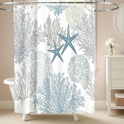 Cute Kids Ocean Shower Curtain Modern Luxury Nautical Tropical Seashell | Summer Shower Curtains for Bathroom, Waterproof Bath Curtain with Hooks Machine Washable Bathtub Curtains 60x72 Inch Blue