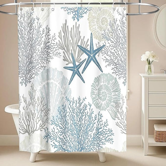 Cute Kids Ocean Shower Curtain Modern Luxury Nautical Tropical Seashell | Summer Shower Curtains for Bathroom, Waterproof Bath Curtain with Hooks Machine Washable Bathtub Curtains 60x72 Inch Blue