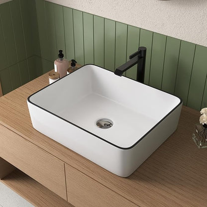 DeerValley 19x15 Inch White and Black Rectangular Vessel Sink, Porcelain Ceramic Above Counter Bathroom Vanity Basin, Modern Art Design, DV-1V0002