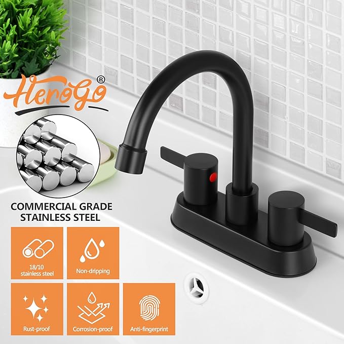 Herogo 2-Handle Centerset Bathroom Faucet Matte Black, Stainless Steel Vanity Sink Faucet 2-3 Hole with Drain Assembly, 360 Swivel Spout and Supply Hose for Farmhouse RV