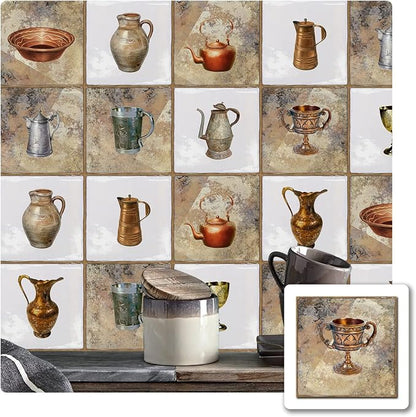 Alwayspon Vinyl Sticker Peel and Stick, Self-Adhesive Wall Tile Transfers Backsplash Sticker Decal for Kitchen Bathroom, 6x6inch/15x15cm 30Pcs, Pots T043