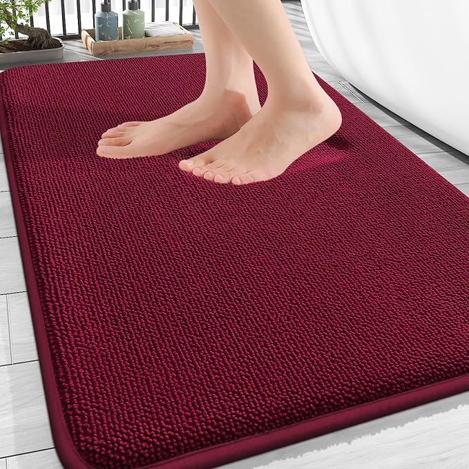 OLANLY Thick Memory Foam Bathroom Rugs 30x20, Absorbent Bath Mat, Burgundy | Soft Quick Dry Bath Rugs, Non-Slip, Machine Washable Carpet for Bathroom Floor, Tub and Shower, Home Decor Accessories