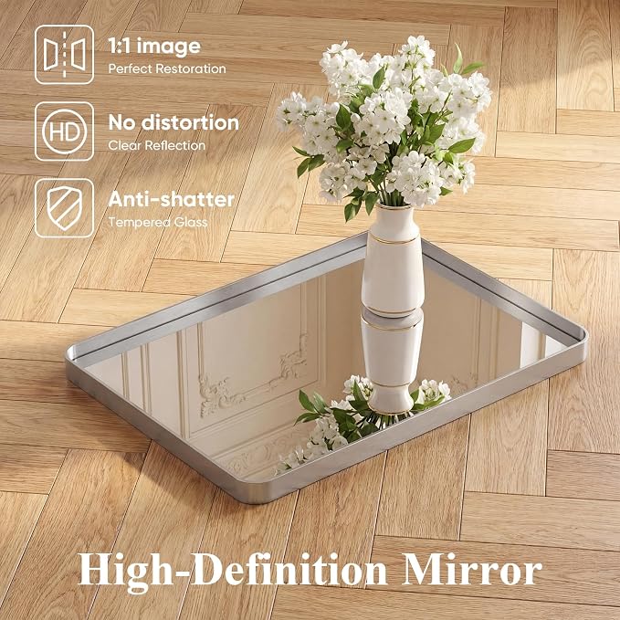 Sweetcrispy Bathroom Mirror 32x28 Inch, Vanity Mirror for Wall | Metal Framed Rounded Rectangle, Over Sink, Farmhouse, Restroom, Anti-Rust, Horizontal or Vertical Hanging, Silver