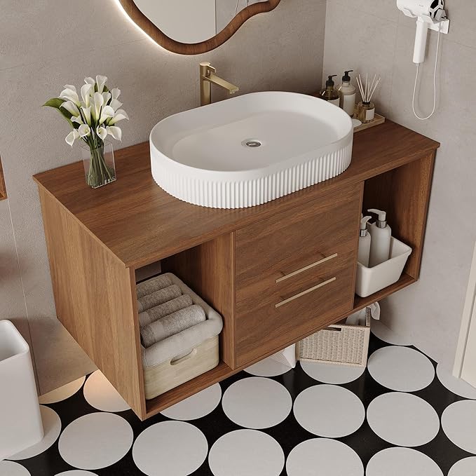 40" Bathroom Vanity with Sink Set, Modern Wall Mounted Bathroom Vanity Cabinet with Above Oval Ceramic Sink,Gold Handle 2 Drawers&2 Open Storage, Single Sink Floating Bathroom Vanity, Walnut
