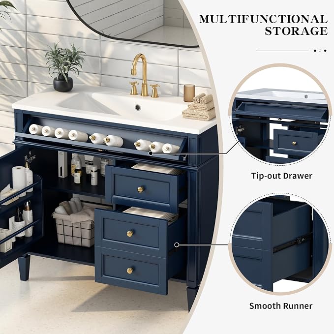 36" Bathroom Vanity Without Top Sink,Modern Freestanding Storage Cabinet with 2 Soft-Close Drawers & Tip-Out Tray,Solid Wood Frame Vanity Only w/Adjustable Shelf & Door Organizer,Blue