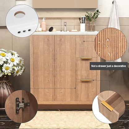 31.5'' Bathroom Vanity with Ceramic Single Sink Combo, Small Freestanding Bathroom Storage Vanity Cabinet with Drawer & Cabinet, Metal Handle, Natural Wood Color