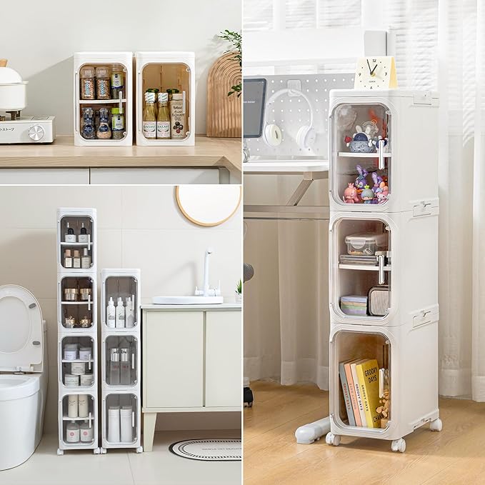 Narrow Bathroom Storage Cabinet with Wheels,5-Tier Plastic Slim Cabinets with Adjustable Shelves for Small Spaces,Bathroom, Kitchen, Cream White