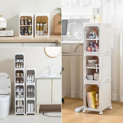 2-Tier Narrow Bathroom Storage Cabinet with Wheels, Plastic Slim Organizer with Adjustable Shelves for Small Spaces,Bathroom, Kitchen, Laundry,Milky White