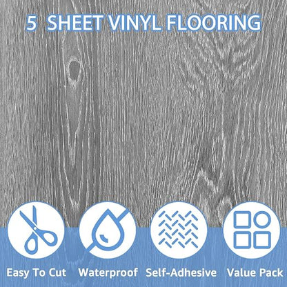 5 Sheet Vinyl Flooring 12 x 12 Peel and Stick Floor Tile Waterproof Clearance Vinyl Floor Tiles Wood Grey Self Adhesive Floor Tiles Sticky Laminate Flooring for Bathroom Kitchen Basement RV