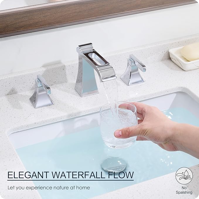 Chrome Bathroom Faucet 3 Hole, Brass Waterfall 8 Inch Widespread Bathroom Sink Faucet with Pop-up Drain, Pre-Installed Supply Hoses, 2 Handles for Vanity, Lavatory, Modern Hollowed Spout