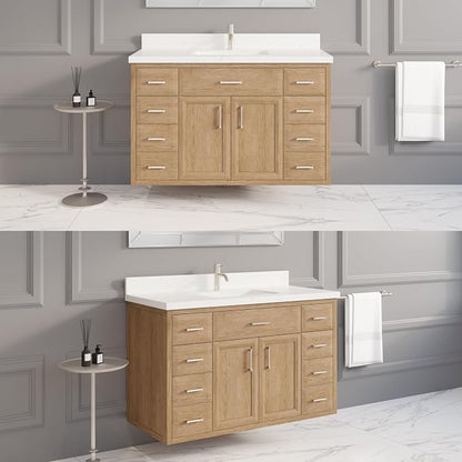 Capri III 48" Single Sink Bathroom Vanity With Stealth Organizer, Solid Wood Bathroom Cabinet with Engineered Stone Countertop & Backspalsh, Soft Closing Door & Drawer, Pre-Assembled, Weathered Oak
