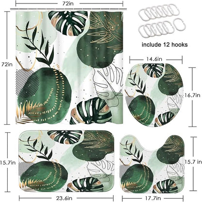 Bathroom Sets with Shower Curtain and Rugs, 4 Pcs, Boho Sage Green | Abstract Mid Century Plant Bathroom Decor Set with Toilet Lid Cover, Non-Slip Bath Mats and Accessories 12 Hooks