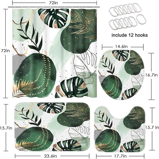 Bathroom Sets with Shower Curtain and Rugs, 4 Pcs, Boho Sage Green | Abstract Mid Century Plant Bathroom Decor Set with Toilet Lid Cover, Non-Slip Bath Mats and Accessories 12 Hooks