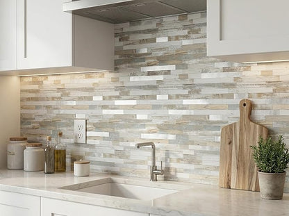 Yipscazo 20 Sheets Peel and Stick Wood Metal Tile Backsplash, Stick on Tiles for Backsplash Kitchen, Bathroom, Laundry Room, Camper, Fireplace (12'' X 12'', White Wood with Metal)