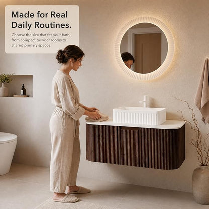 30 Inch Bathroom Vanity with Sink, Floating Wall Mounted Single Sink Vanity, Dark Walnut Curved Fluted Front, Stone Top, White Textured Rectangular Vessel Basin, Pre-Assembled