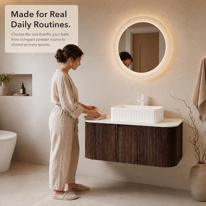 36 Inch Bathroom Vanity with Sink, Floating Wall Mounted Single Sink Vanity, Dark Walnut Curved Fluted Front, Stone Top, White Textured Rectangular Vessel Basin, Pre-Assembled