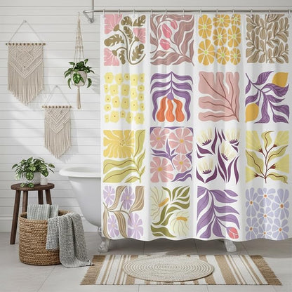 JAWO Cute Boho Floral Shower Curtain, Vintage Colorful Abstract Floral Retro Aesthetic Plant Shower Curtain for Bathroom, Funky Unique Purple Waterproof Fabric Polyester Bath Curtains Decor,47Wx64H