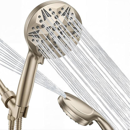 Filtered Brushed Nickel High Pressure Handheld Shower Head – 10 Spray Modes with Rain & Massage, Built-in Filter for Cleaner Water, Anti-Clog Nozzles, Power Rinse for Tile & Pets