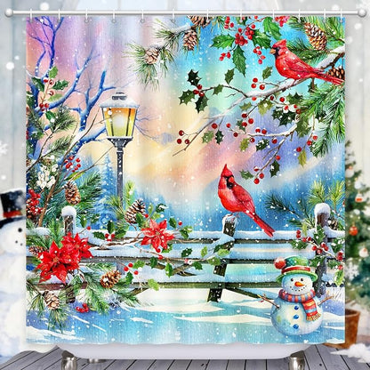 Winter Shower Curtain, Shower Curtains Cardinal Birds Berry Snowman Pine Tree Holiday showercurtain Waterproof Polyester Machine Washable Home Farmhouse Decor Bathroom Curtains