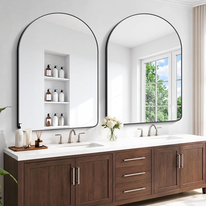 BONEWEI Arched Wall Mirror,55x40 inch Black Arched Mirror Bathroom,Large Vanity Mirror for Over Sink Metal Frame,Tempered Glass Arch Mirrors for Bedroom,Entryway,Living Room,Home Decor Shatter-Proof