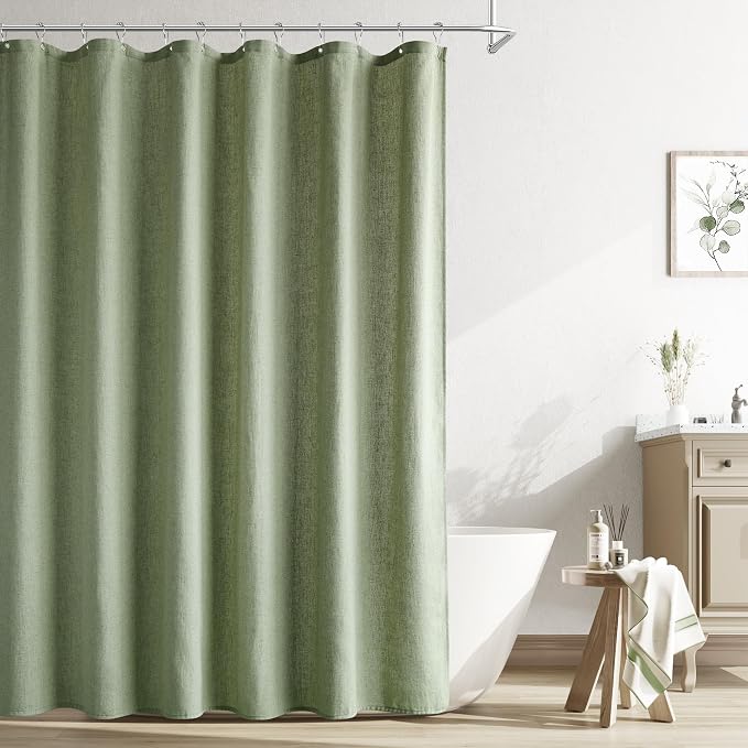 Long Shower Curtain 96 Length,72x96 Inch Long Linen Fabric Weighted Shower Curtain Set with Hooks, Tall Bohemian Farmhouse Cloth Bath Curtains for Bathroom,Sage Green