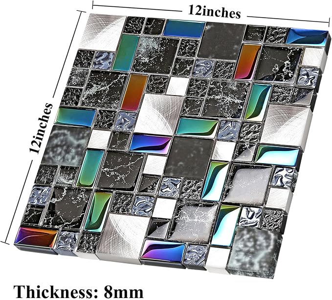 Wall Backsplash Tile Black Glass Silver Metal Iridescent Vibrant Colors for Home Project Kitchen Bathroom Shower Accents Walls Decoration TSTMGB026 (5 Square Feet)